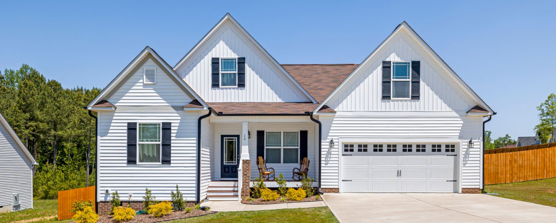 A view to a beautiful new built suburban house with big garage door